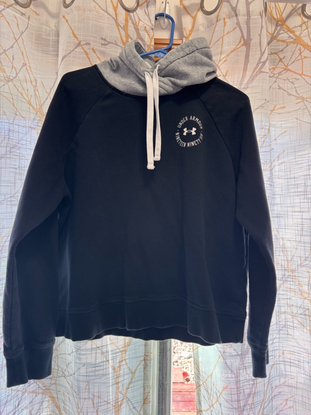 Under Armour Black Hoodie with Gray Hood and White Drawstrings